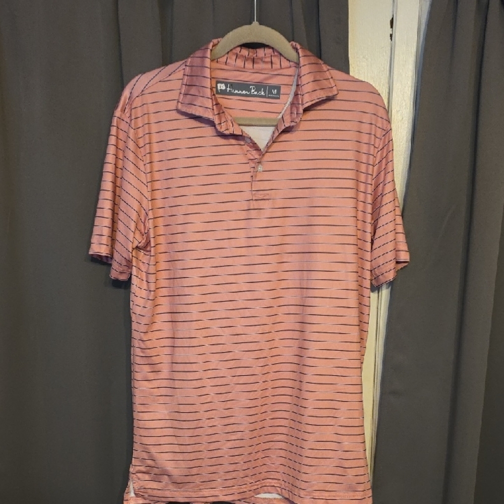Hammer Back Men's Polo Shirt Dusty Pink W/Navy Stripes Lightweight Sz M EUC‎
